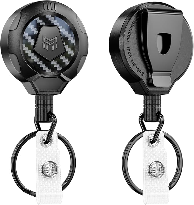 MNGARISTA Upgraded Heavy Duty Retractable Keychain with Belt Clip, 10 OZ Retraction, 31.5" Stainless Steel Cord Key Chain, 3K Carbon Fiber ID Badge Reel Holder with Badge Strap and Key Ring, 2 Pack