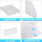 Gugsey Desk Organizer, 5-Tier Paper Letter Tray Organizer with File Holder, Drawer and Pen Holder, Desktop Organizer for Office Supplies, White