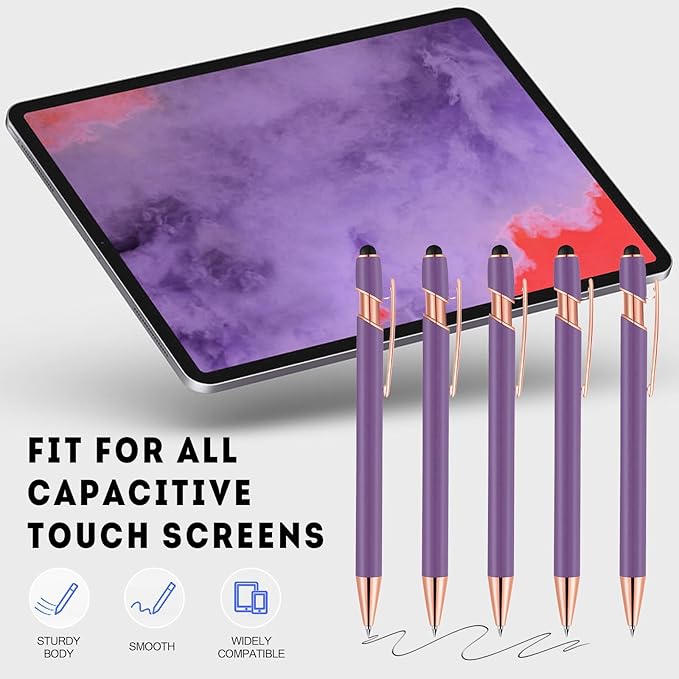 12 PCS 2 in 1 Stylus Ballpoint Pen with Stylus Tip, 1.0 mm Black Ink Metal Pen Stylus Pen for Touch Screens (Light Purple)