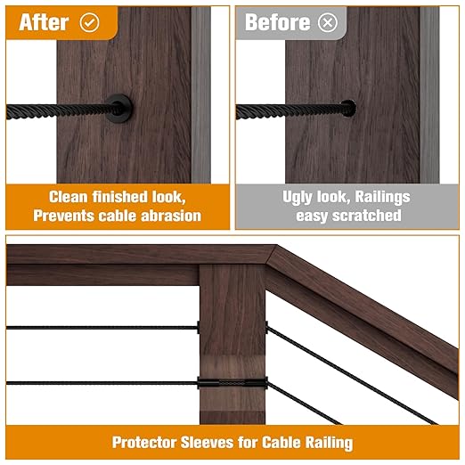 CELYND Cable Railing Protector Sleeves - 50 Pack T316 Stainless Steel Protective Sleeves - 1/8" 3/16" 5/32" Black Deck Cable Railing Hardware Kit for Wood Posts