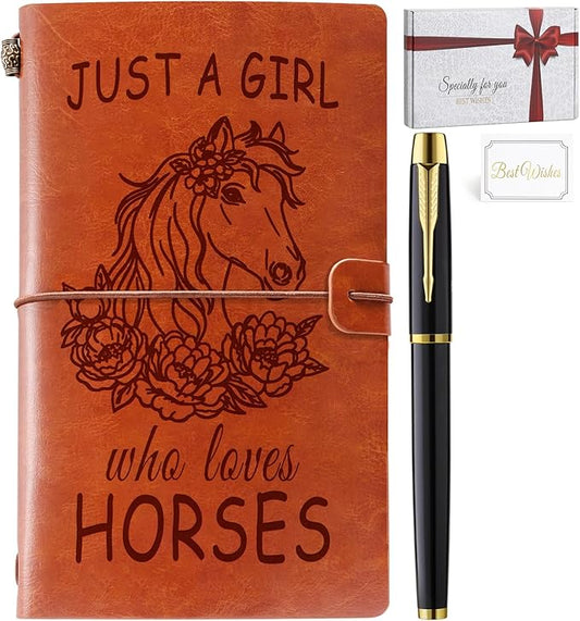 Just A Girl Who Loves Horses Leather Notebook Journal with Pen, Horse Stuff Horse Gifts for Girls Horse Lovers, Leather Refillable Notebook, Sketchbook, Travel Diary