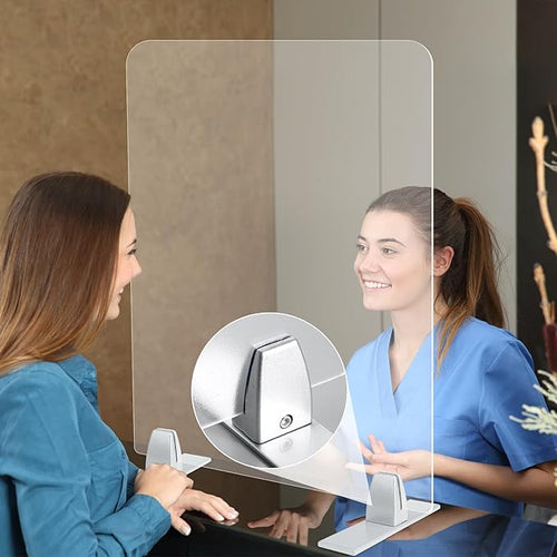 2 Packs Sneeze Guard Clamp Bracket, Sneeze Guard Shield Base for Countertop, Stick On Heavy Duty Auminum Partition Guard Clamp, Panel Support Clamps Stand for Clear Acrylic Desktop Counter Reception