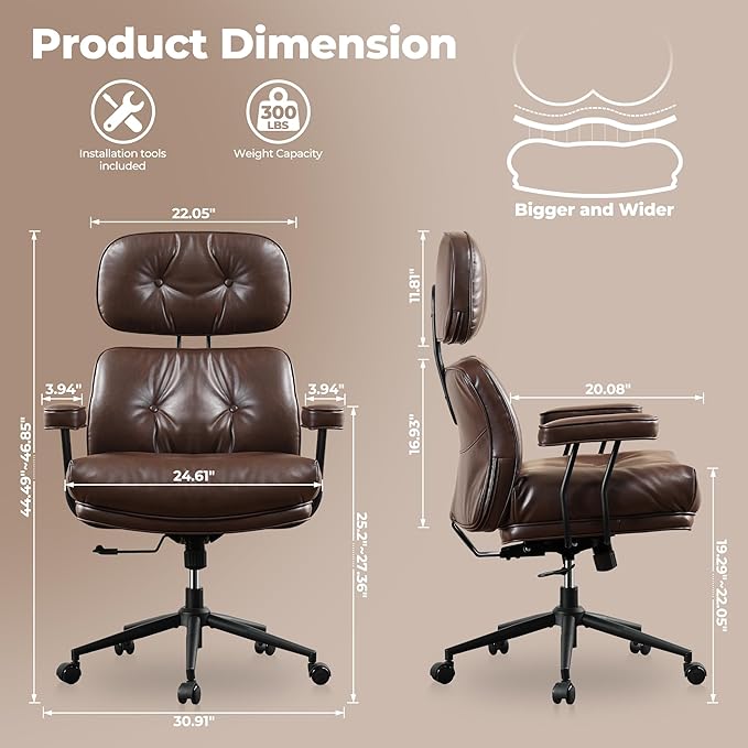 ovios Ergonomic Home Office Chair, Mid-Century Modern Faux Leather Chairs with Thickened Cushions, Comfy High Back Swivel Rolling Executive Computer Armchair (Dark Brown, PU Leather)