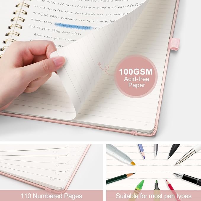 AHGXG Lined Spiral Notebook 8.5" x 11", A4 Large Notebook Journals for Women Men, Leather Hardcover, 100 GSM Thick College Ruled Paper, Notebooks for Work School Note Taking Writing, Rose Gold