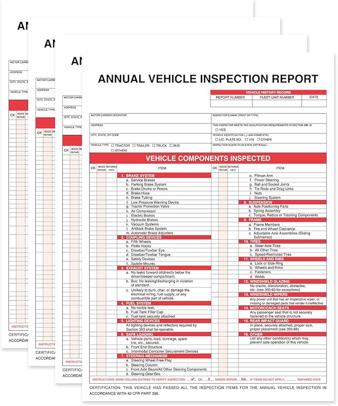 Annual Vehicle Inspection Report Form 25-pk 3-Ply Carbonless, 8.5" x 11.75" + 2-Ply Vinyl with Mylar Laminate Label 5" x 4"