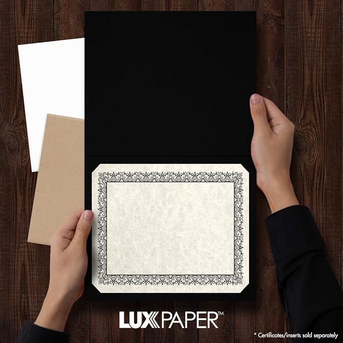 LUXPaper 9.5" x 12" Certificate Holders | Black Linen | Embossed Gold Foil Border | 100lb. Cover | 250 Qty