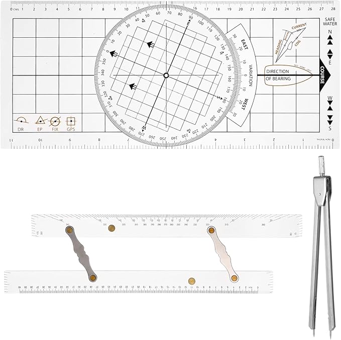 3 Pcs Basic Navigation Set, Including Marine Parallel Ruler, Nautical Protractor, and Navigation Fixed Point Divider, Marine Accessories with Clear Scales for Boat