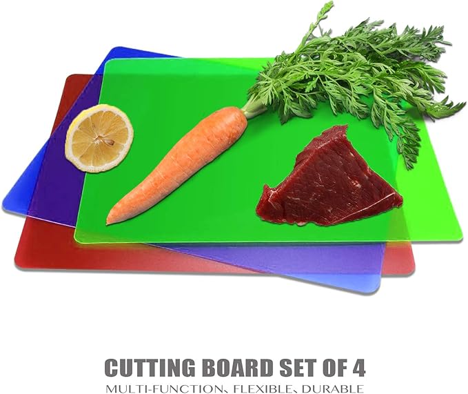 Fotouzy Flexible Plastic Cutting Boards for Kitchen, 4 Translucent Colors Cutting Mats 15 x 12 In, BPA-Free, Non-Porous, Dishwasher Safe, Set of 4