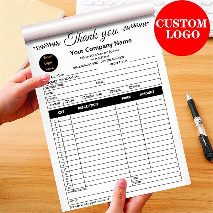 Custom Invoice Book in 3-Part /2-Part Receipt Book with Carbon Copies Personalized Carbonless Service Invoice Form Books Sales Order Book with Company Name Logo Address,C3-Thank You Receipt