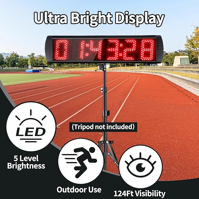 Portable 5 inch High 6 Digits LED Race Clock with for Running Events, Countdown/up Digital Race Timer, 12/24-Hour Clock,LED Stopwatch by Remote Control