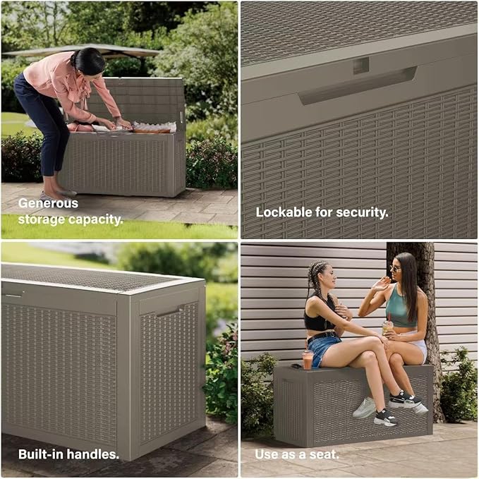 180 Gallon Resin Deck Box, Waterproof Outdoor Storage Bin for Patio Furniture, Pool Accessories, and Garden Tools, Lockable & UV-Resistant, Grey