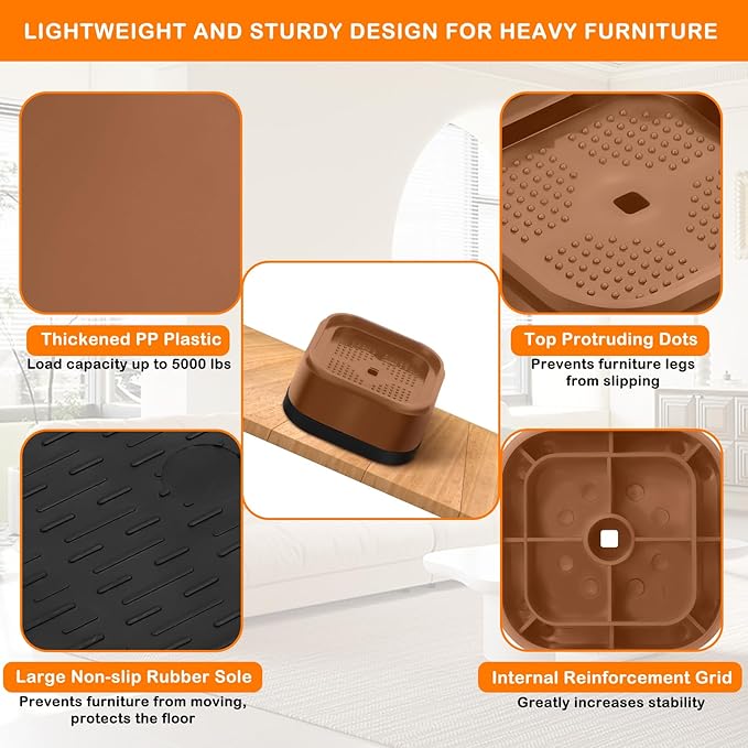 shouwuhho 18 Pack Furniture Risers Adjustable Bed Risers Heavy Duty Lifts Height 1", Square Stackable Bed Risers 1, 2 or 3 Inch for Desk Leg Table Couch Sofa Chair Bed Frame Legs Dorm, Brown