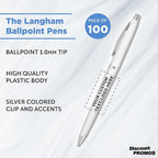 DISCOUNT PROMOS Custom Langham Ballpoint Ink Pen - Set of 100 Writing Pens for Work - Cool Pens for Writing, Black Ink, White
