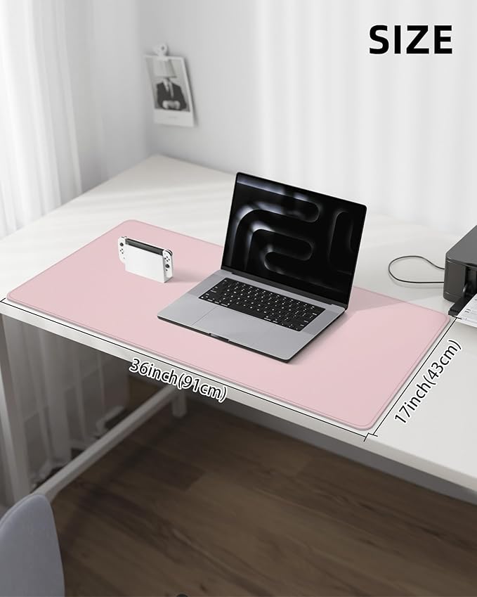 Leather Desk Pad Protector,Desk Mat,Large Mouse Pad, Non-Slip Desk Pad, Waterproof PU Leather Desk Blotter Mat, Desk Cover for Office and Home (Light Pink, 36" x 17")