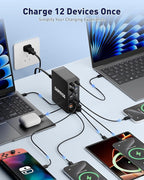 USB Charging Station (600W),12-Port USB C Charger Block with Dual 100W PD USB-C Fast Charging Station Hub for MacBook Pro/Air/All iPad Phone 17/16 15/14/13/Pro Max/Samsung Galaxy Note (Black)