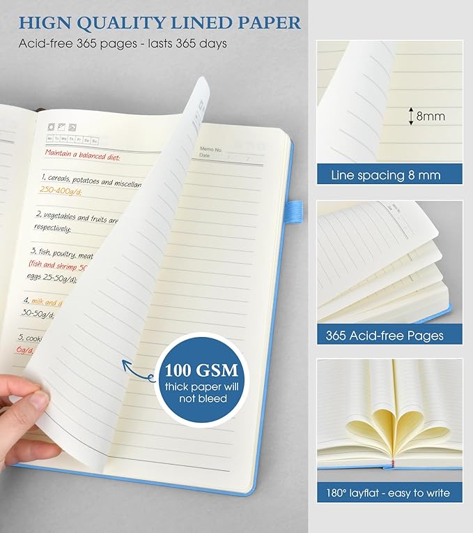 A5 Lined Journal Notebook - 365 Page Leather Journals for Writing Women & Men，Hardcover Notebook with 100Gsm Thick Pages，Daily Diary for Travel, Work，School，Note Taking，College Ruled (5.9" x 8.5")