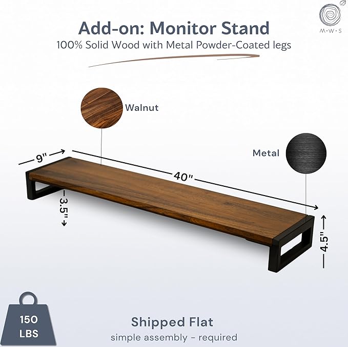 Standing Desk with Monitor Stand – Walnut Solid Wood Desk, Natural Live Edge, Adjustable Height Dual Motor, Sit Stand for Home Office (Black, W48 x D27)