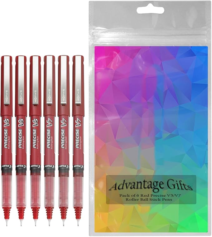 Precise V5/V7 Stick Rolling Ball Pens, Fine and Extra Fine Point, Assorted Points Red Ink, 6-pk; Bundle with Plastic Reusable Pouch