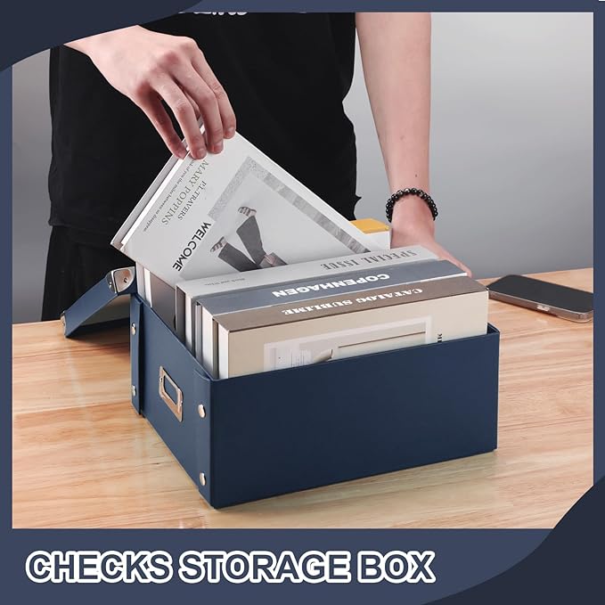 DLUGOPIS Checks Storage Box with Lid Document Boxes Banker Boxes Document Bin Foldable Cardboard Record Boxes For Business Pesonal Orangize Files 12"x10"x5"(Navy Blue, 1 pcs)