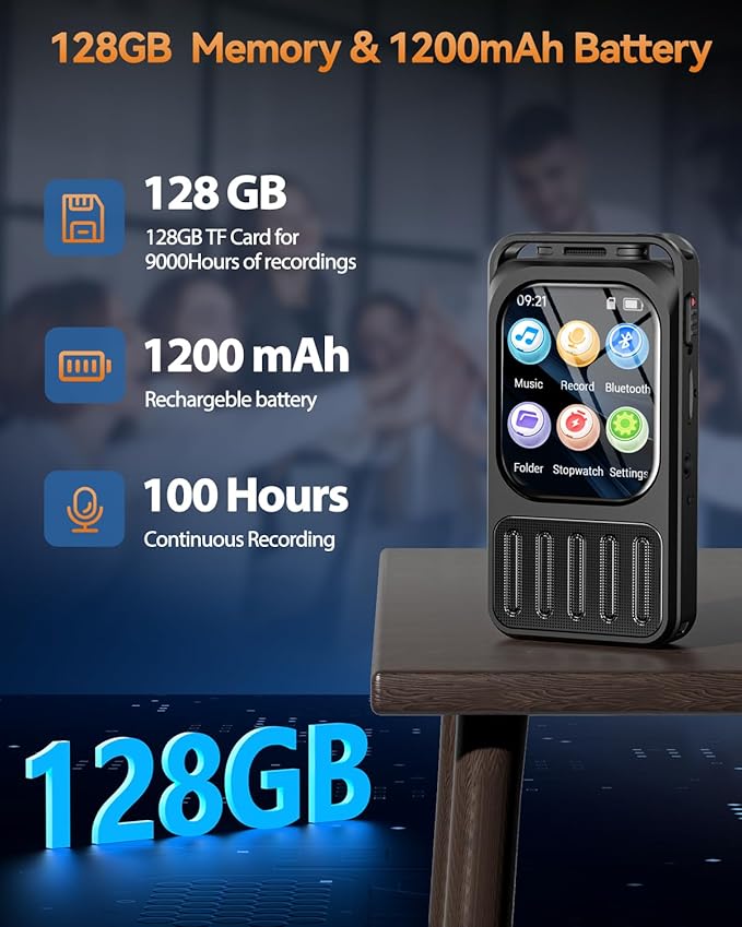 128GB Digital Voice Recorder with Bluetooth & 2" Touchscreen, 3072Kbps HD XIXITPY Voice Activated Recording with Password, Playback, A-B Repeat, MP3 for Lectures, Meetings, Interviews