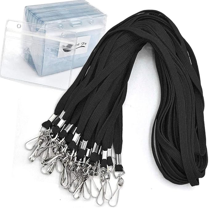 Name Tags Lanyard Badge Holder Pairs (Set of 50, Black): Woven Round Lanyard & Horizontal Sealable Waterproof Clear Plastic ID Card Name