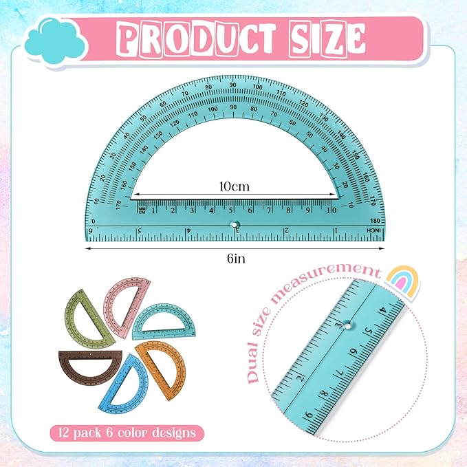 Sayglossy 12 Pcs of Colorful Plastic Protractors 180 Degrees 6 Inches Mathematical Protractor Translucent Geometric for Learn Office Measurement Drawing