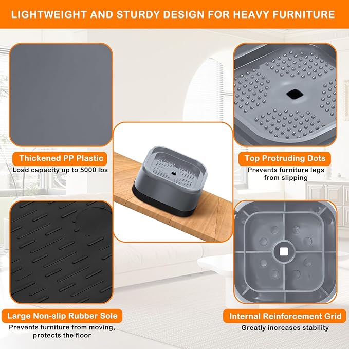 shouwuhho 32 Pack Furniture Risers Adjustable Bed Risers Heavy Duty Lifts Height 1", Square Stackable Bed Risers 1, 2 or 3 Inch for Desk Leg Table Couch Sofa Chair Bed Frame Legs Dorm, Gray