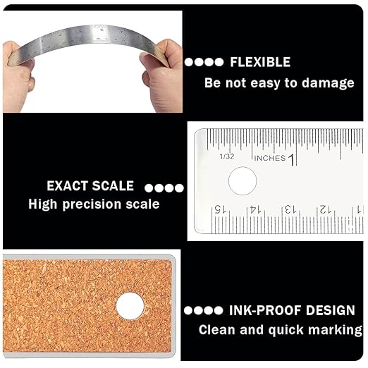 12 Inch Metal Ruler Stainless Steel Metal Ruler with Cork Backing, Non-Slip Rulers with Inch and Centimeters, Straight Edge Cork Base Rulers for Student School Office Drafting Tools