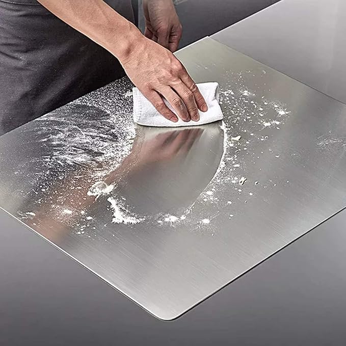 KORVOS Stainless Steel Cutting Board, 15.7" x 11.8" Double-Sided Cutting Boards for Kitchen, Metal Chopping Board with Lip&Non-Slip Mat, Easy to Clean, Suitable for Meat Fruits & Baking