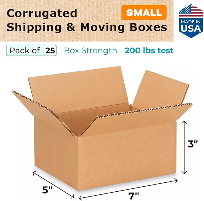 Small Moving & Shipping Boxes 7"L x 5"W x 3"H (25-Pack) - Extra Strength 200 lb vs Regular - Corrugated Packing Boxes for Moving - Durable Moving Box - Box for Packaging by IDL Packaging
