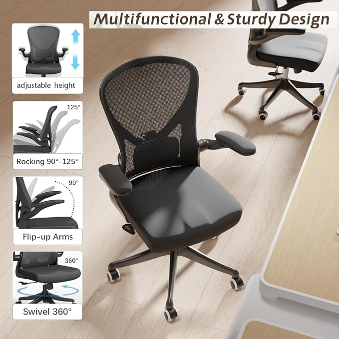 Ergonomic Office Chair with Adjustable Lumbar Support & Flip-Up Armrests - High Back Computer Desk Chair with Thickened Seat Cushion, Rolling Wheels for Home/Office Study Work (01Blcak)
