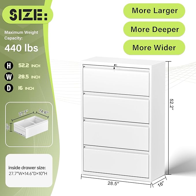Incbruce 28" W 4 Drawer Lateral File Cabinet, Metal 4 Drawer Lateral Filing Cabinet with Lock, Steel Wide Filing Organization Storage Cabinet for Home, Office, Fit A4/F4/Letter/Legal File (White)