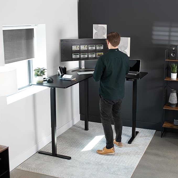 VIVO Electric Corner 63 x 55 inch L-Shaped Standing Desk, Memory Height Adjustment, Black Top Black Frame, DESK-E3CTB