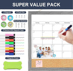 Calendar Whiteboard for Wall, 17x13 Inches Dry Erase Calendar Cork Board Combo, Magnetic Monthly White Board with Wood Framed, Hanging Dry Erase Board for Home Kitchen Office Planner Memo