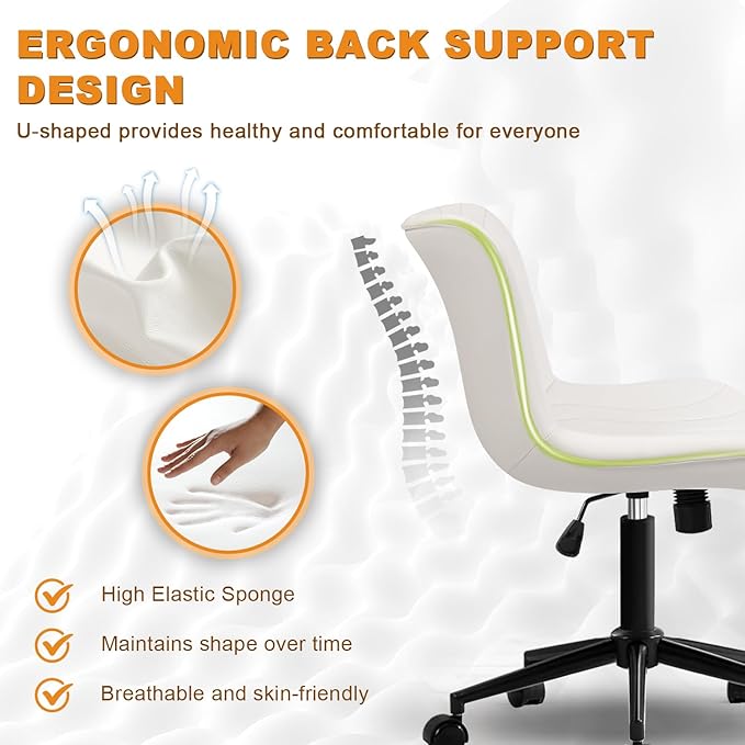 Office Chair, Armless Desk Chair with Wheels, Ergonomic Comfy Home Office Computer Task Chairs, Faux Leather Padded Cute Vanity Chair, Adjustable Height Swivel Chair with Back,White