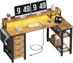 Lufeiya L Shaped Gaming Desk with Led Lights and Power Outlets, 47 Inch Corner Home Office Desk with Monitor Stand Shelves, Writing Study Computer Desks with Fabric Drawers for Bedroom, Rustic Brown