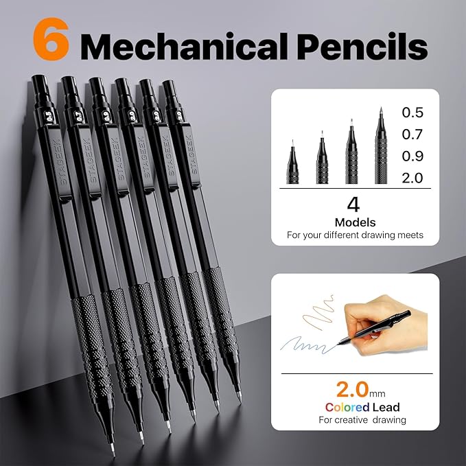 35PCS Black Art Mechanical Pencil Set in Case，0.5 0.7 0.9 2.0 Graphite Metal Drawing Drafting Pencils, Sharpener Erasers 384PCS Lead Refills (6B 4B 2B HB 2H 4H Colors) for Writing Sketching