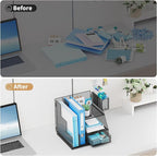 Marbrasse Desk Organizer and Accessories, 3-Tier File Organizer with Drawer and Pen Holder, Small Desktop Organizer and Storage for Workspace Office Supplies Black