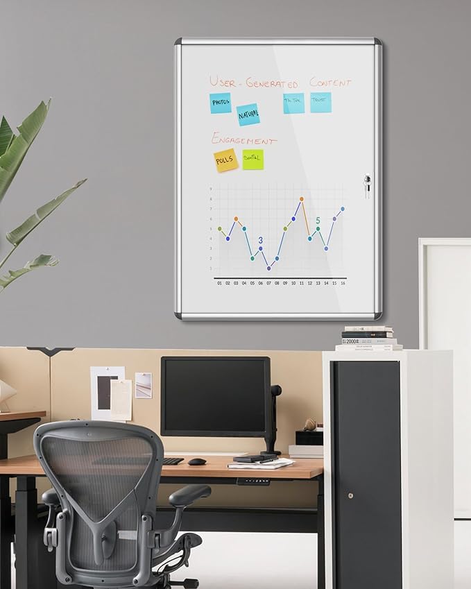 38"x28" Enclosed Bulletin Board, Lockable Weather-Resistant Aluminum Noticeboard for School & Office, Silver Frame w/Magentic Whiteboard