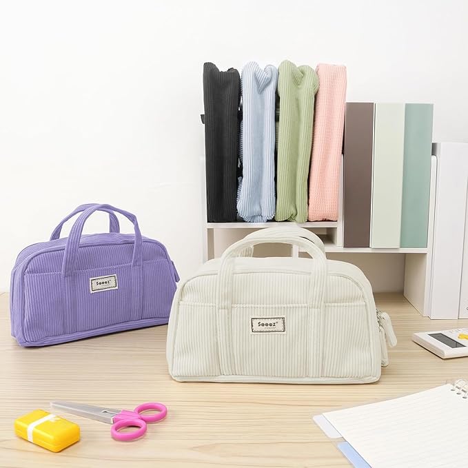 Sooez Large Pencil Case Pouch, Extra Big Pencil Bag with 5 Compartments, Pen Bag Wide Opening, Soft Corduroy Pencil Pouch Organizer with Zipper, Cute Aesthetic School Supplies for Girls-Light Purple