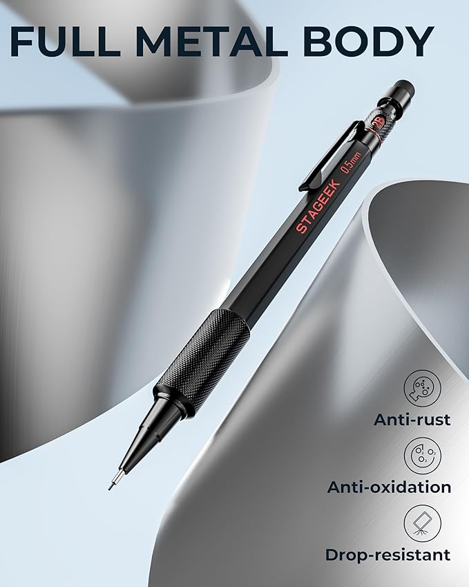 0.5mm Mechanical Pencil Set, 3PCS Metal Mechanical Pencils 0.5mm with 6 Tubes HB & 2B Lead Refills, Erasers, Weatherproof Artist Pencils with Case for Outdoor Writing Drafting Drawing