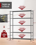 Sakugi Storage Shelves - 5 Tier Shelf Organizer, Heavy Duty Garage Shelving Unit with Leveling Feet, Stable Metal Shelves Organizer for Pantry, Kitchen and Closet, 47.3" W x 12.6" D x 60.8" H, Black