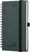 POPRUN 2026 Recycled Weekly Planner 12 Months Pocket Size (3.5'' x 6.5'') - Spiral Calendar Weekly and Monthly for Purse, with Italian Regenrated Leather, Pen Holder - Desert Brown