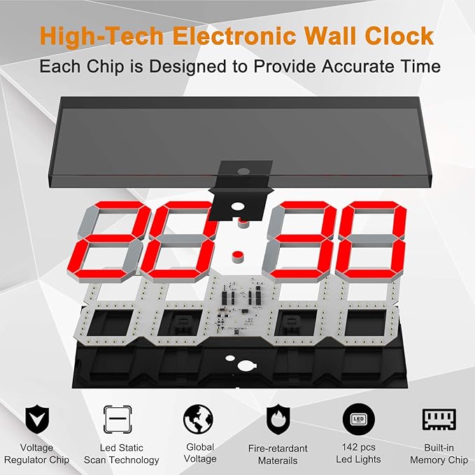 LED Large Digital Wall Clock, Oversize Wall Clock with 6” Numbers, Remote Control Count up/Countdown Timer Clock, Auto Dimmer, Big Calendar and Thermometer(Red)