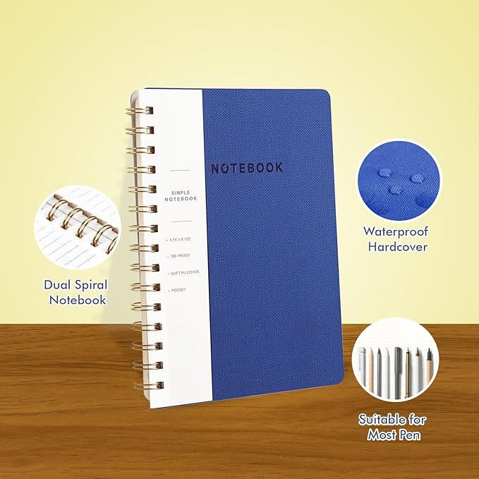 Spiral Notebook-5.75" x 8.125" College Ruled Journal with Inner Pockets and 160 Pages,PU Leather Cover Business Journal, Twin-Wire Binding Notebook Perfect for Office & Home School Supplies 6 pack Black/NavyBlue