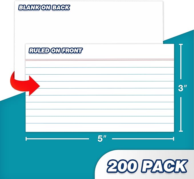 Chell Extra Heavyweight Ruled Index Cards 3x5 Inch, No Bleed-Through, 200 Count, Ruled Front and Blank Back, 85 lb. Cover Weight, White