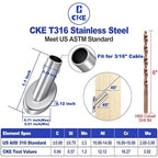 [Patent Design] CKE 40 Pack 45 Degree T316 Marine Grade Stainless Steel Angle Beveled Protector Sleeves Wood Post Protector for 1/8", 5/32", 3/16" Wire Rope Cable Railing, Come with a Free Drill Bit