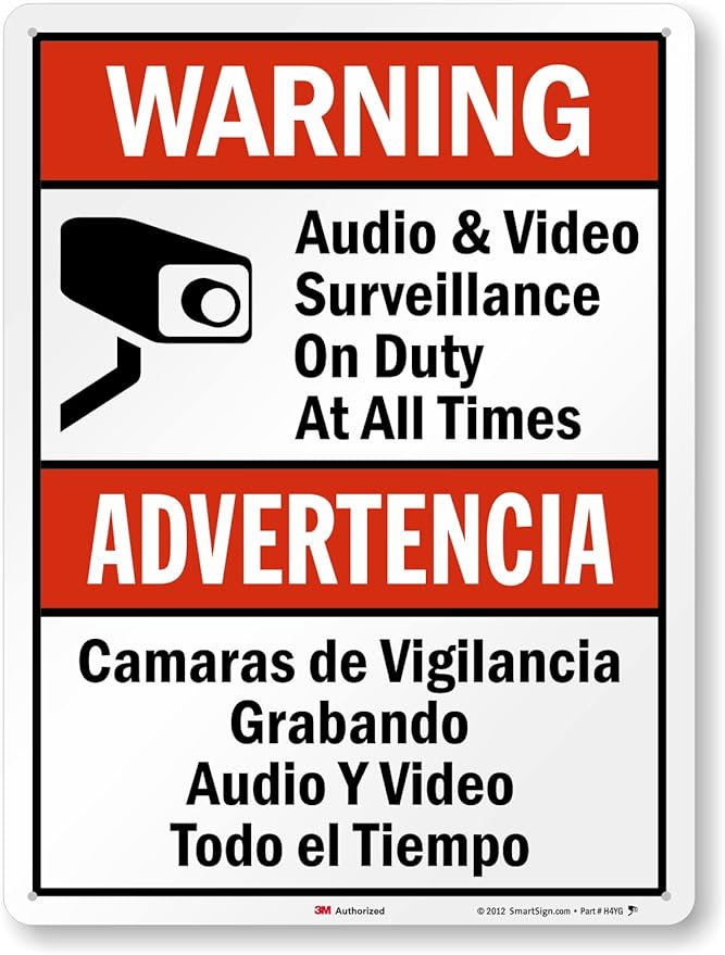SmartSign 24 x 18 inch “Warning - Audio & Video Surveillance On Duty At All Times” Bilingual Sign, 80 mil Aluminum, 3M Laminated Engineer Grade Reflective Material, Red, Black and White, USA-Made