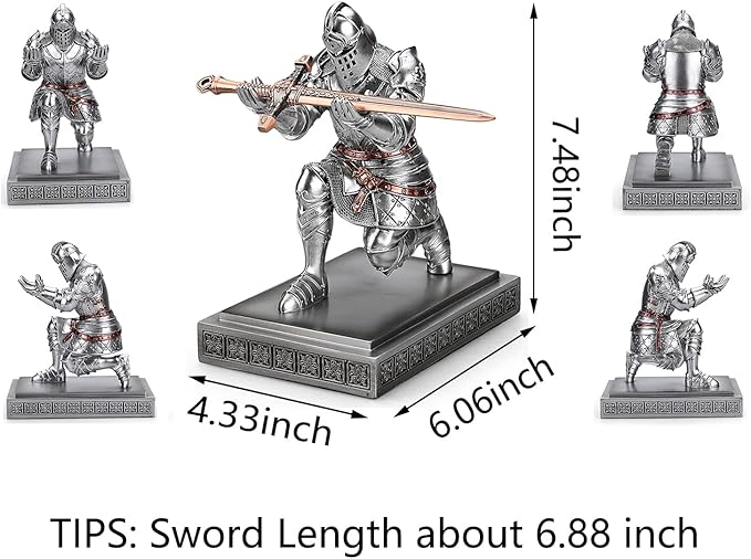 King's Guard Knight Pen Holder Pen Stand Desk Organizers and Accessories Resin Pencil Holder as Gift for Office and Home (Silver)