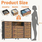HCHQHS 47 Inch Dresser for Bedroom with 13 Drawers,Side Pockets Hooks and Lights with Remote Control,Hallway,Closet,Kitchen,Large TV Stand (Rustic Brown)